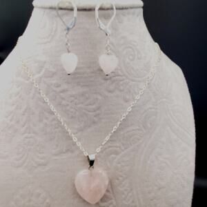 Rose Quartz Heart Handmade Necklace and Earring Set with Silver Tone Findings